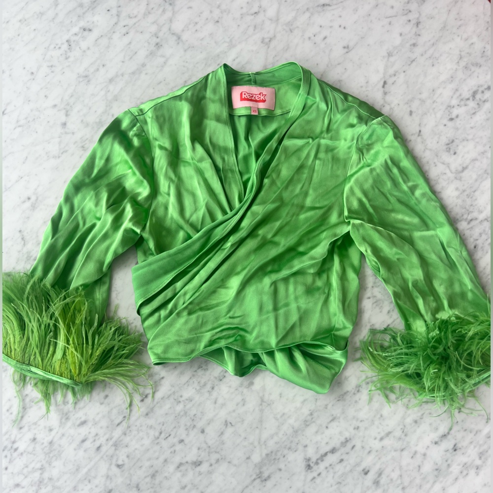 Rezek Studio feather trim wrap blouse